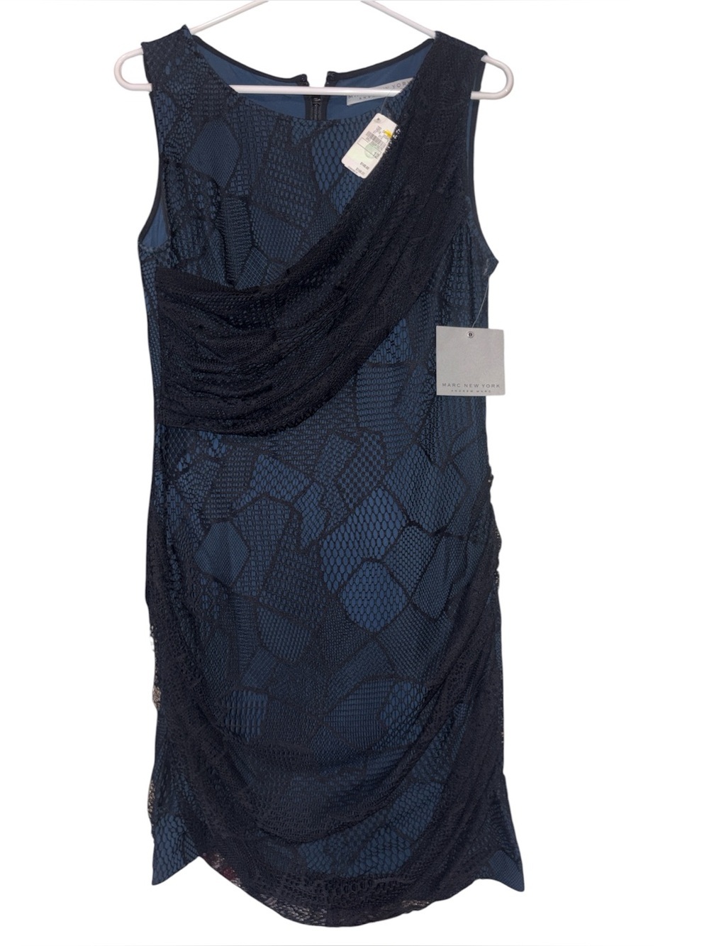 Andrew Marc Navy One-Shoulder Lace Draped Sheath Dress